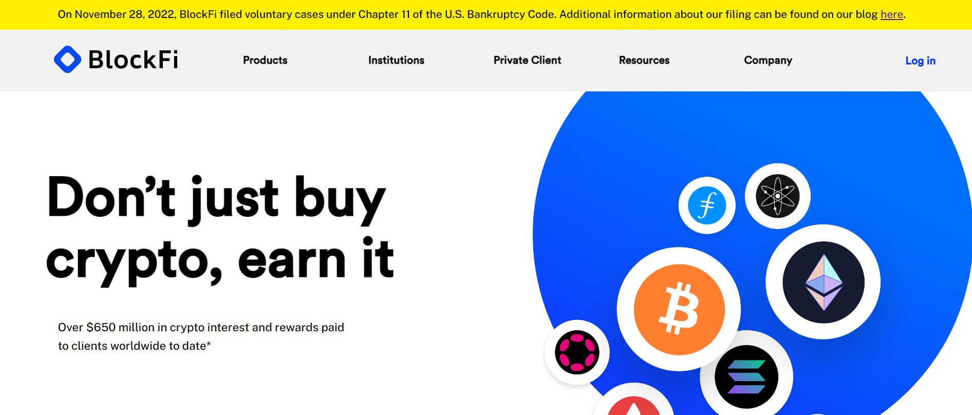 BlockFi's landing page featuring bankruptcy notification