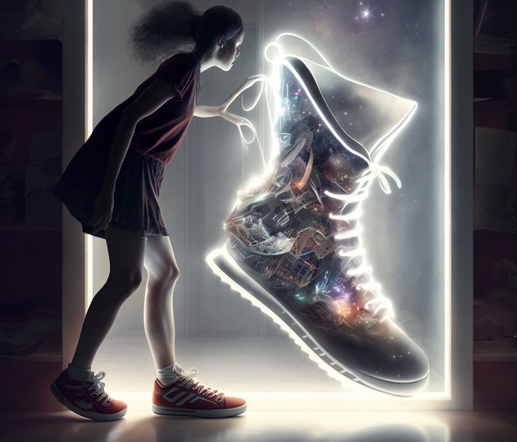 A lady touching a digital shoe