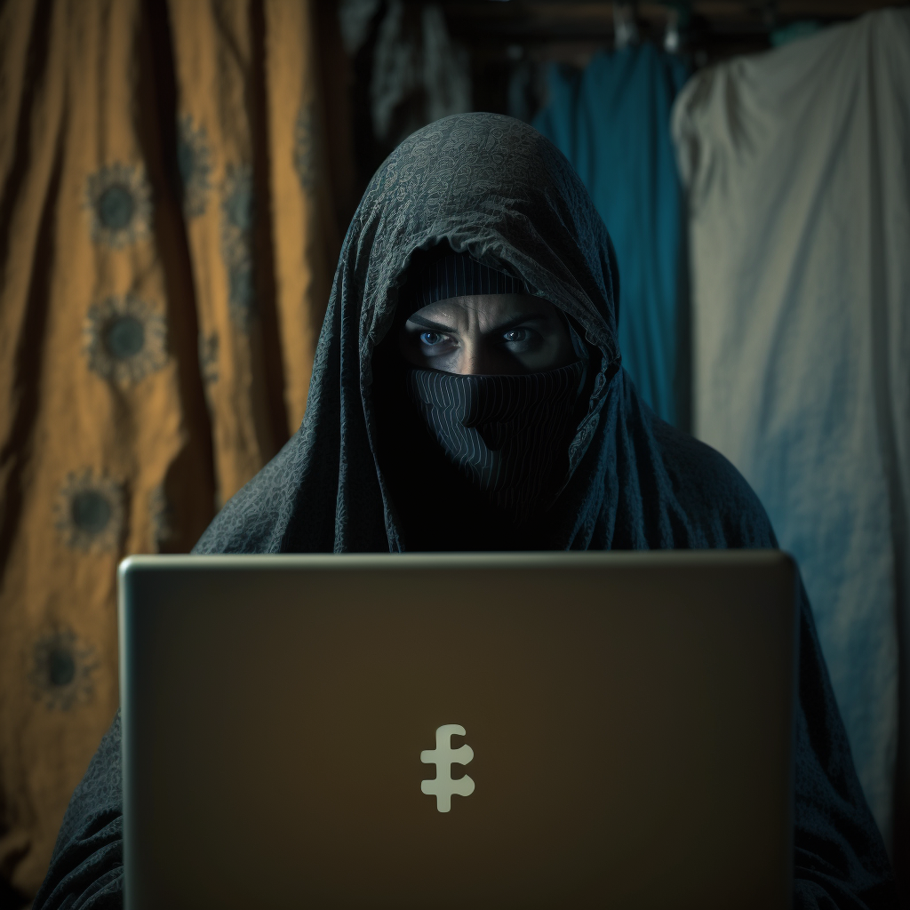 A veiled scammer with Bitcoin logo