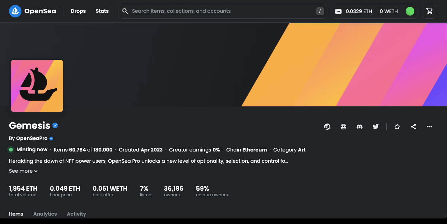 Gemesis NFT collection page on OpenSea