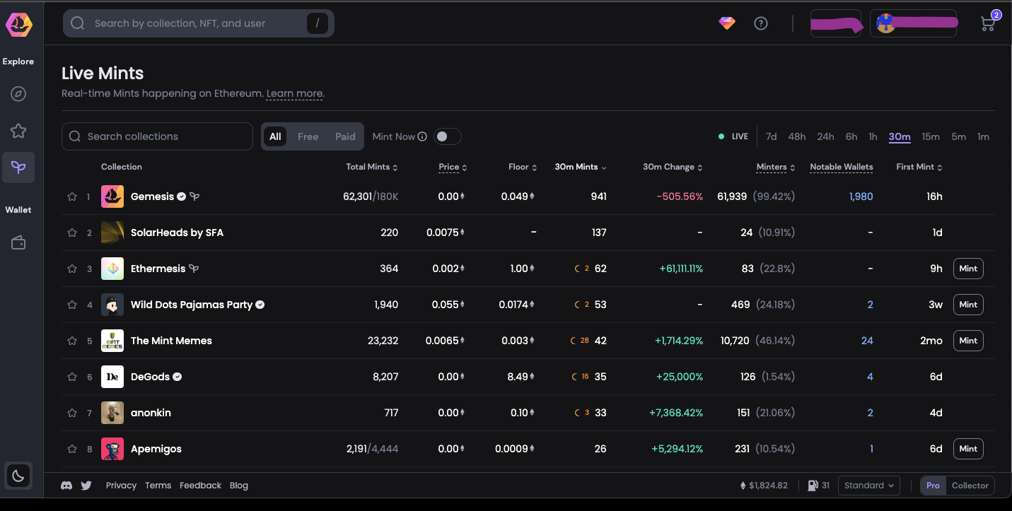 OpenSea Pro real-time mint page