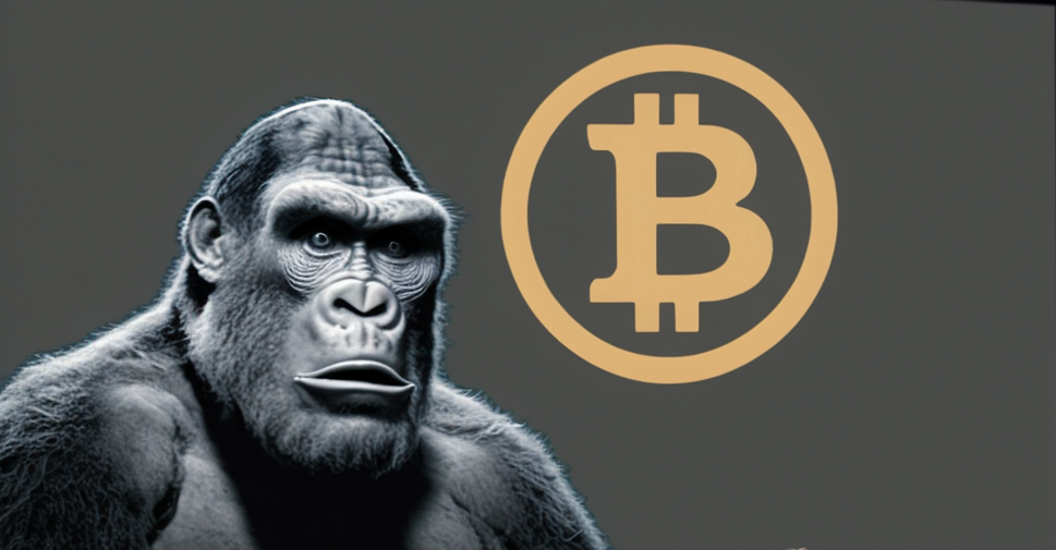 The Bitcoin logo with an Ape NFT image