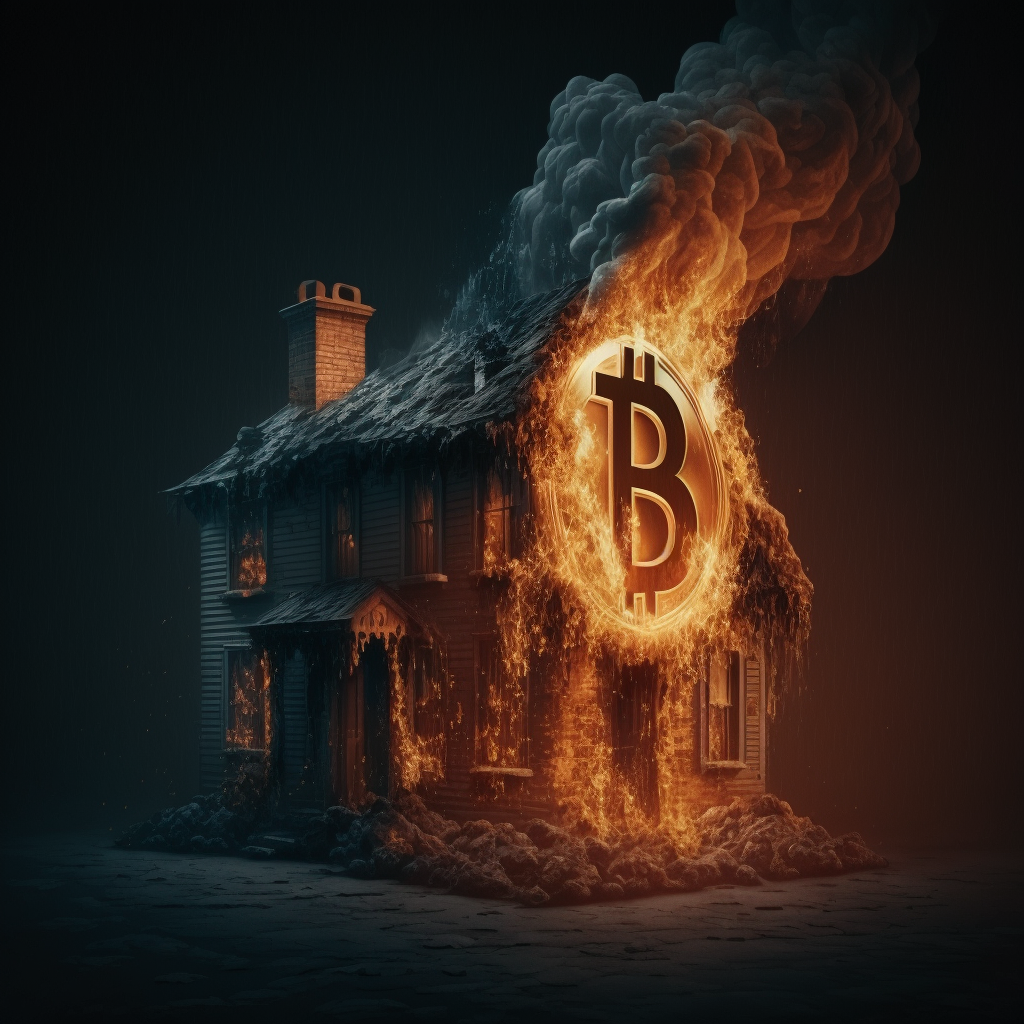 House on fire with bitcoin logo