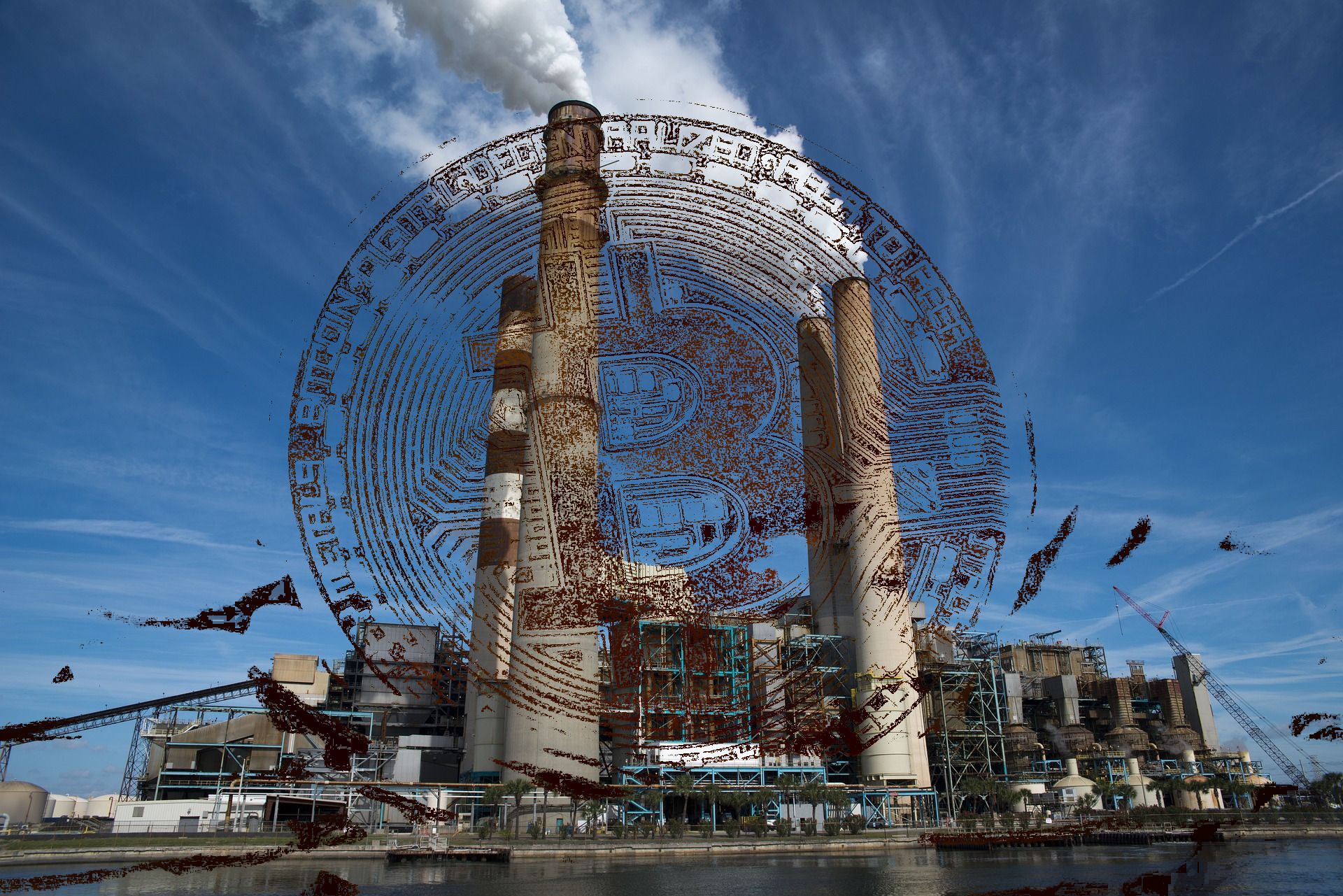 A gas factory with faded Bitcoin logo