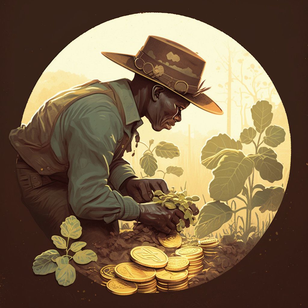 A farmer staking a plant and reaping coins