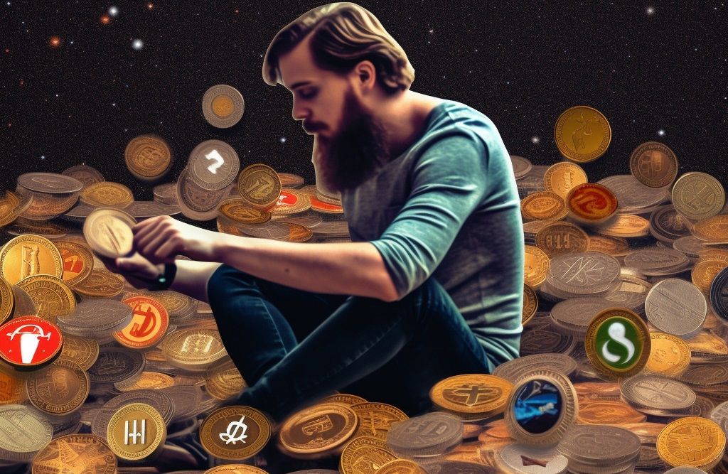 A man picking up crypto logos