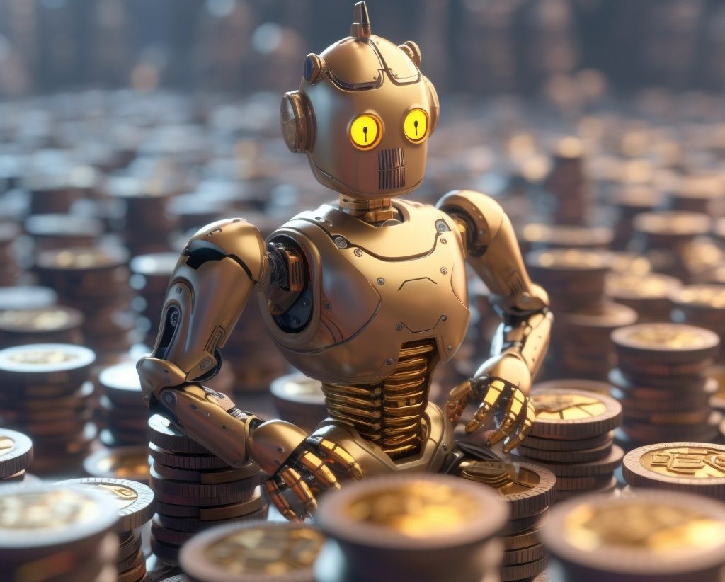 An AI robot strolling in coins