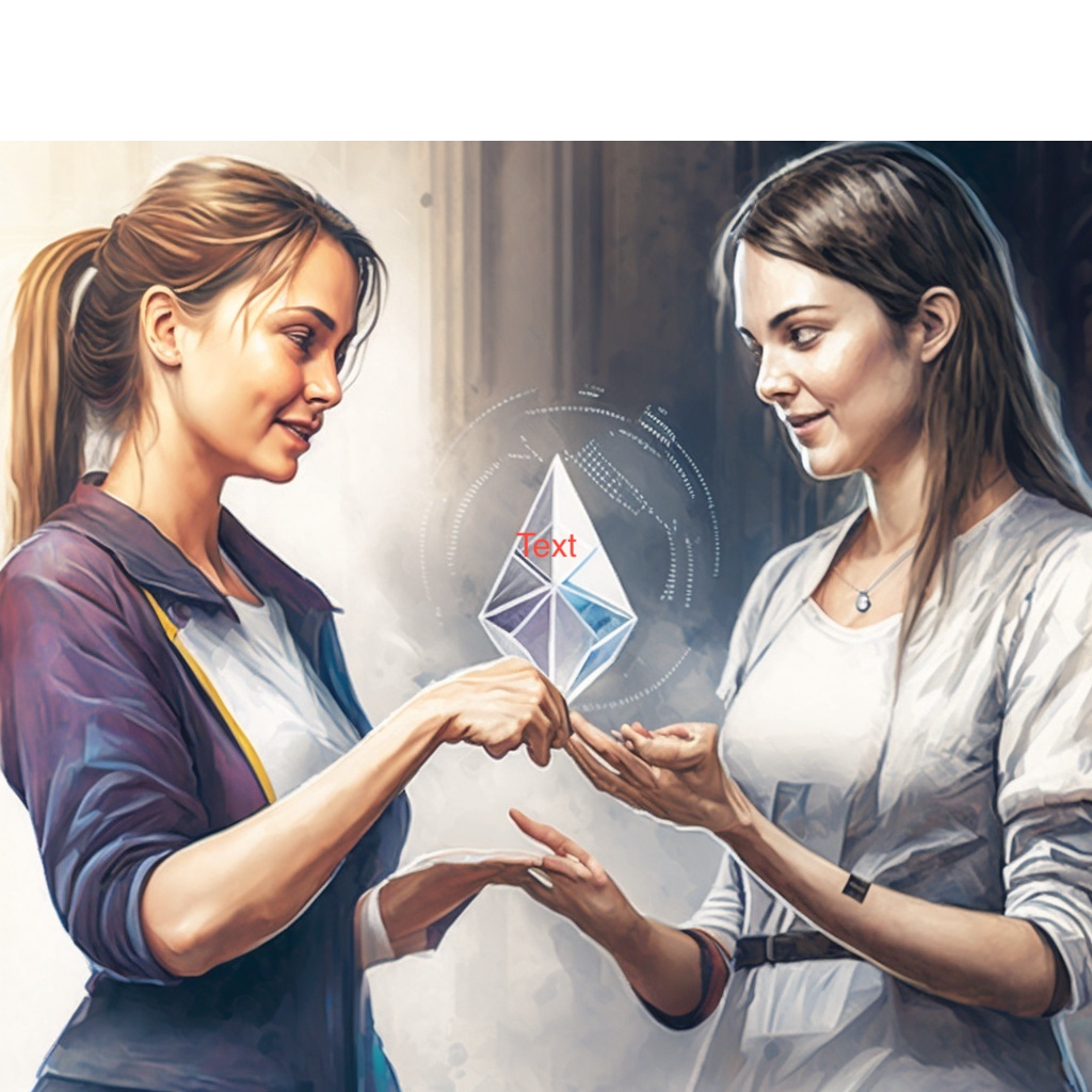 Two women exchanging the Ethereum logo