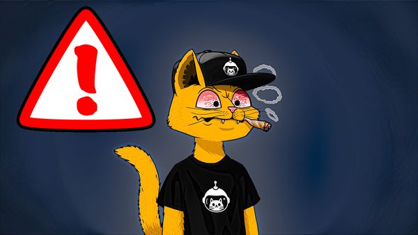 Cat NFT with cap, cigarette and warning sign