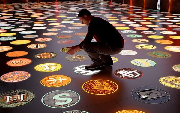 A man picking crypto logos on the floor